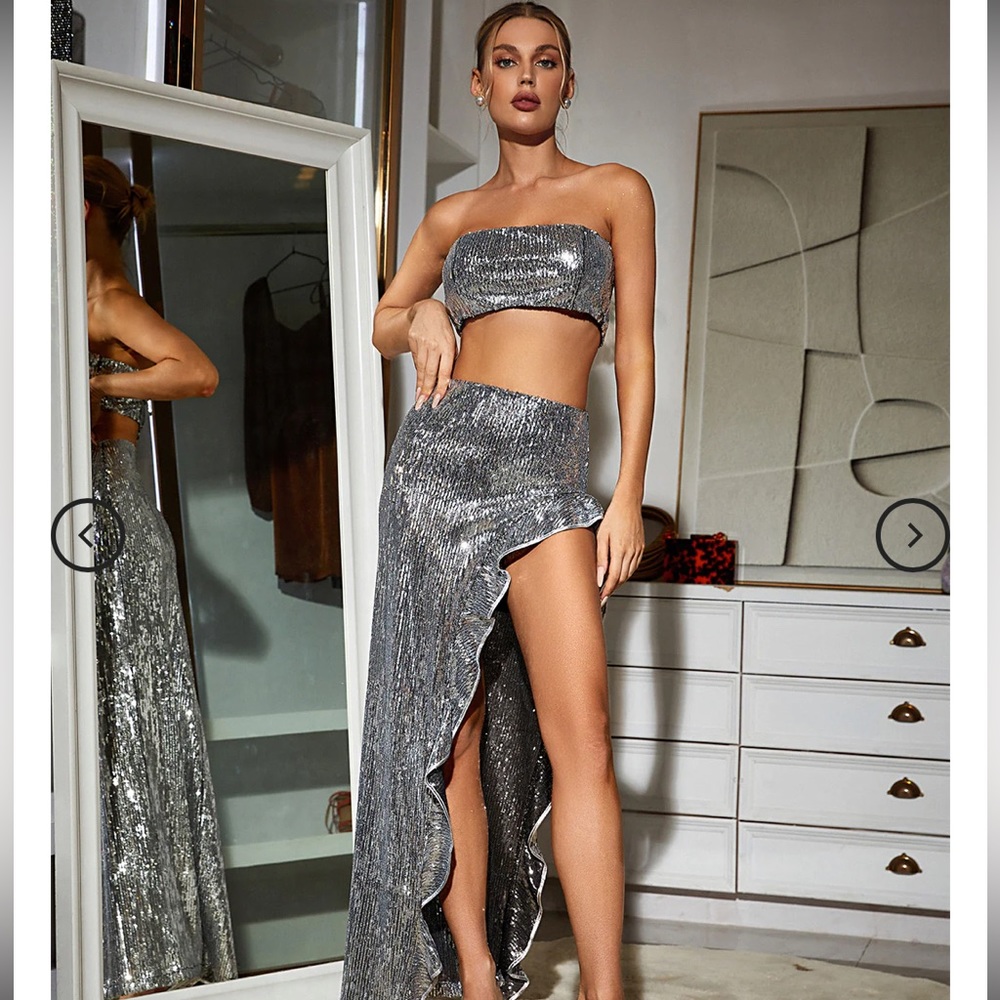 High Split Ruffle Two Pieces Sequin Dress Set-Silver - Picture 2 of 6
